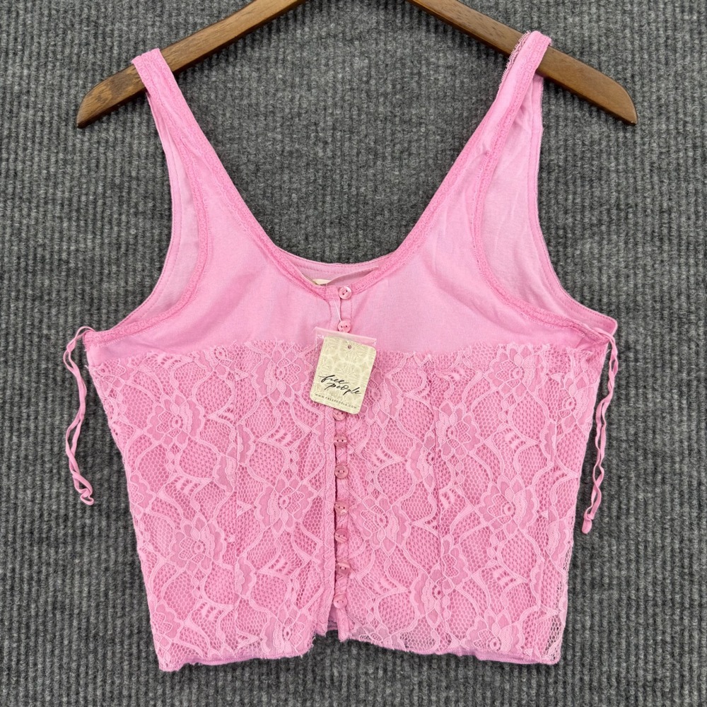 Free People Pink Sugar Lace Button Front Tank Top OB2231938 Rose Crop Camisole L
